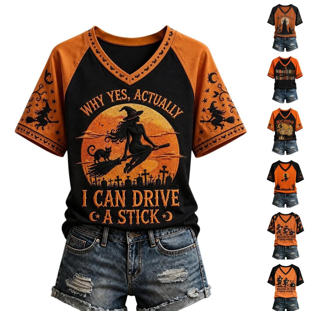 Women's V-Neck Short Sleeve Raglan Halloween Print T-Shirt