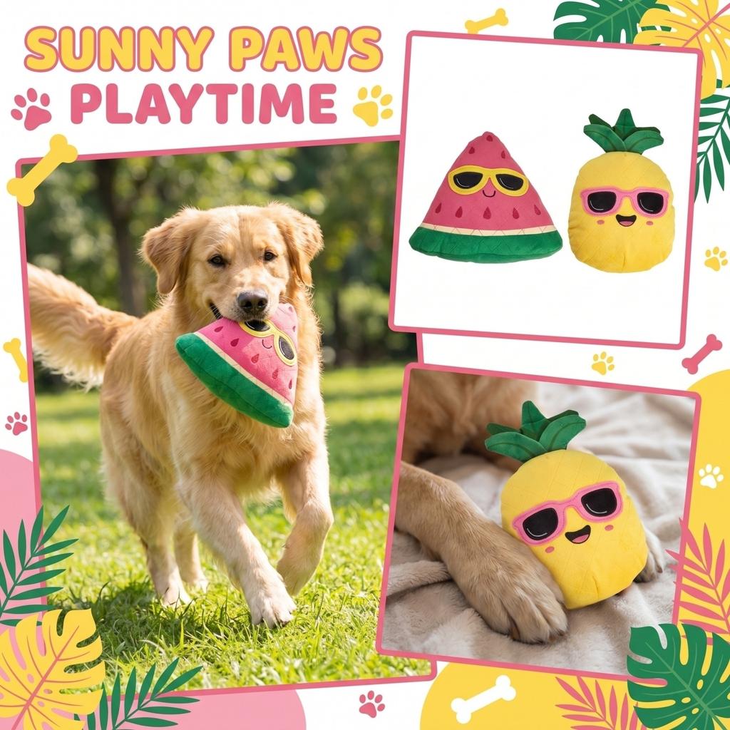 Summer Fruit Squeaky Dog Toys, Cute Plush Watermelon & Pineapple Chew Toys with Crinkle Paper, Interactive Dog Toys for Boredom Relief & Teething