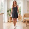 Women Sleeveless Crew Neck Casual Tank Dress with Front Pockets and Button Detail Solid Color Relaxed Fit Vest Dress