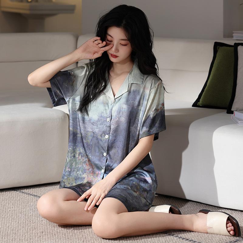 Premium Pajamas Women's Summer Ice Silk Short Sleeves Fat Mm Ice and Snow Silk Simulation Silk Suit New Chinese National Style