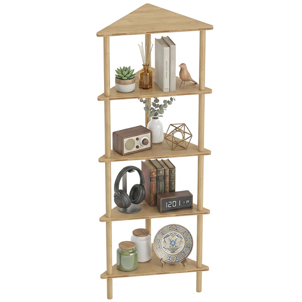 Bamboo Storage Shelf, 5-tier Corner Shelf, Freestanding Shelving Unit for Living Room, Home Office, Natural Wood Finish