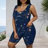 Women Plus Size Navy Blue Floral Printed Scoop Neck Sleeveless Tank Top And Shorts Two Piece Set