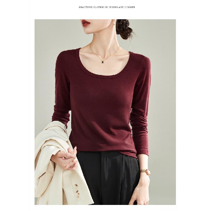DeRong Spring and Autumn Base Shirt 2026 New Model U-Neck Slim Fit Long Sleeve T-Shirt Commuting Inner Layer Top for Women