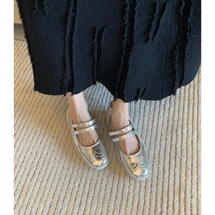 Cowhide version silver ballet sports and leisure shoes flat-soled single shoes women's shallow mouth square head thick sole Mary Jane shoes