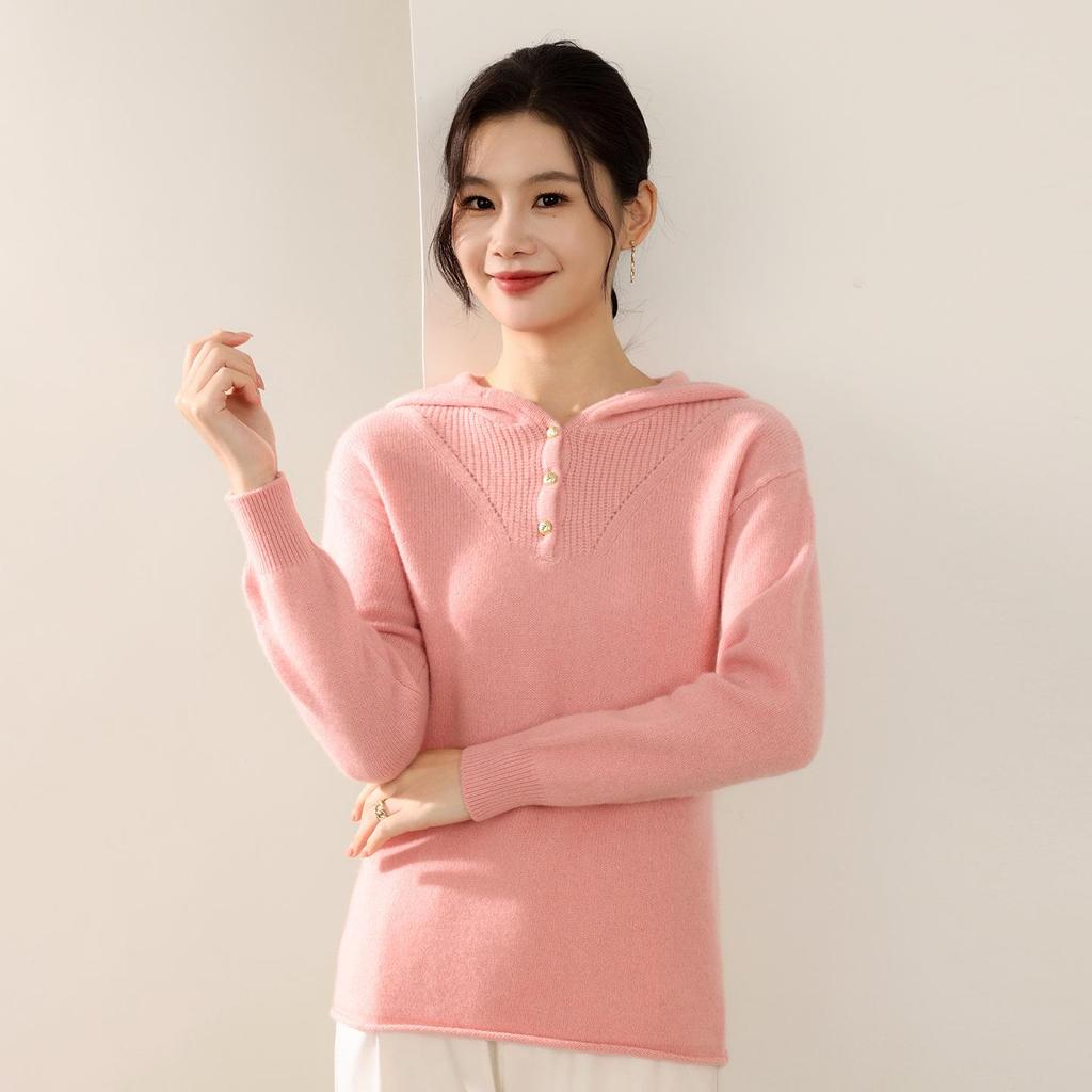 Women's 100% Pure Wool Half-Zip Hooded Sweater with Gold Buttons - New Autumn/Winter Fashion