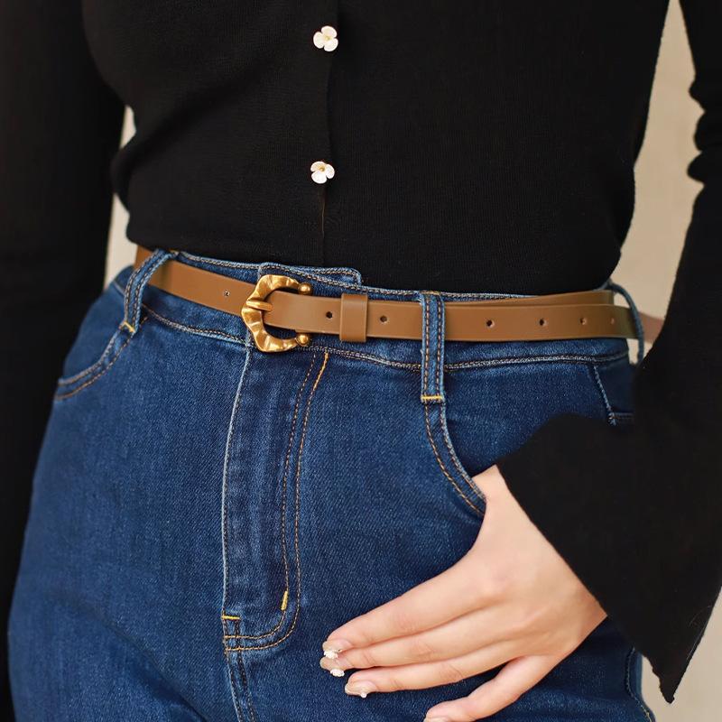 

utumn and winter gold buckle leather thin belt women s design sense niche denim skirt dress versatile calf belt 100cm темно-коричневого кольору