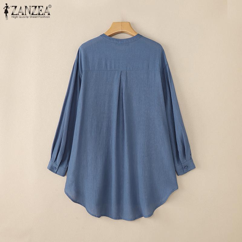 ZANZEA Dame Casual Rund Hals Ensfarget Løs Langermet Bluse