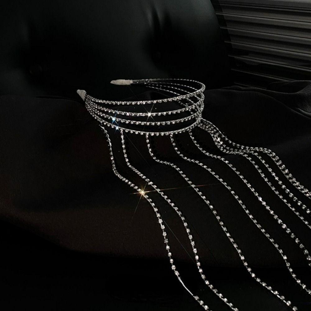 Exaggerated Design Crystal Hair Chain Luxury Long Tassel  Hair Hoop Girls Headwear  Parties
