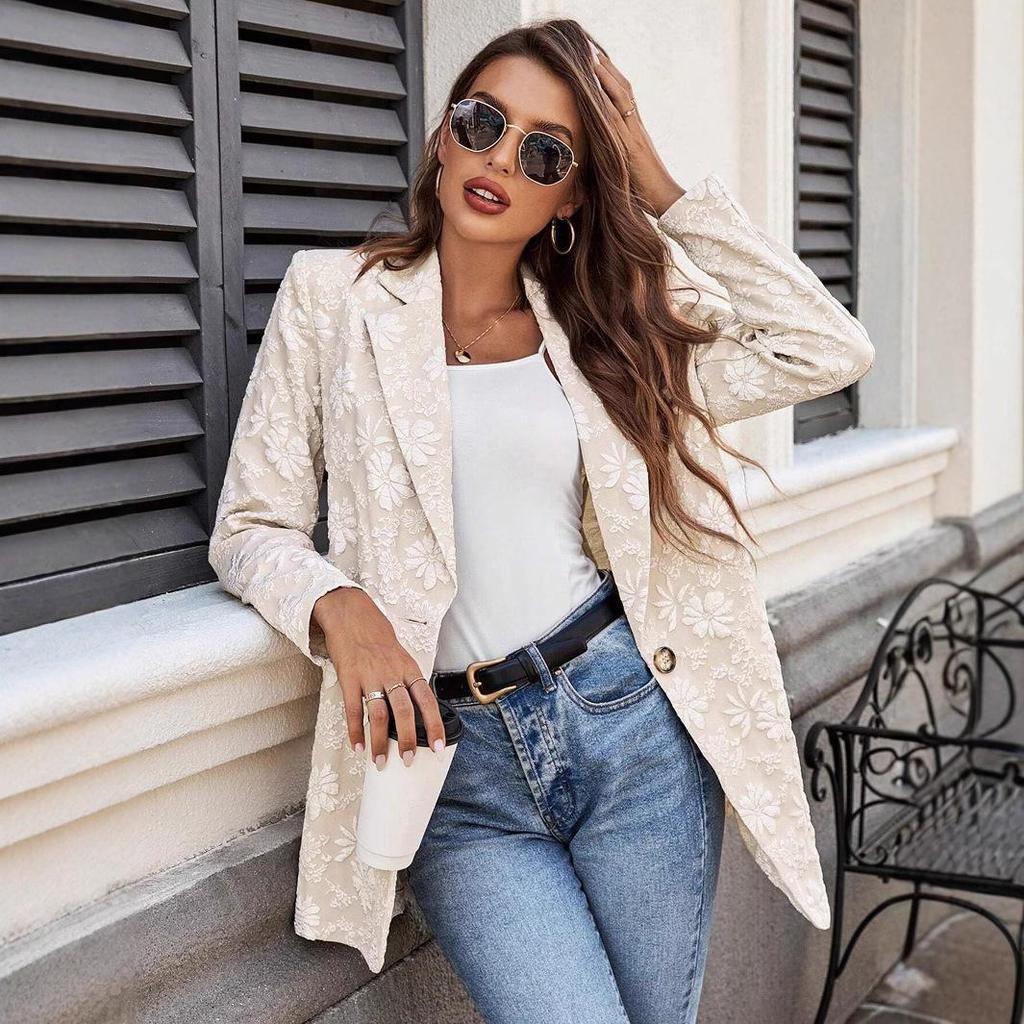 Women Floral Long Sleeve Open Front Business Baggy Long Blazer Suit Jackets