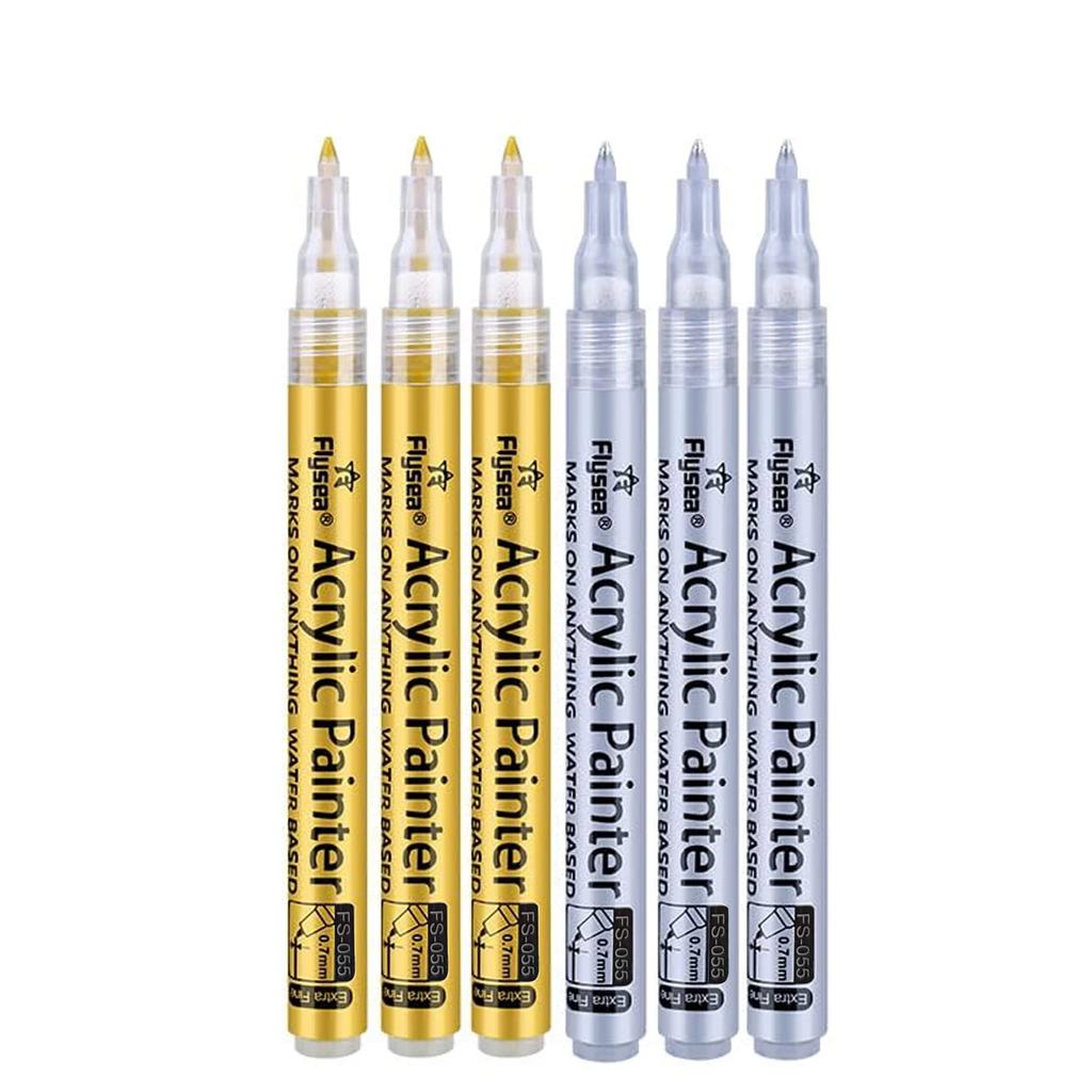 6Pcs/set 4 Colors (Black/White/Gold/Silver) Acrylic Paint Markers pen,0.7mm Extra Fine for Ceramic, Metal, Paper, Drawing, DIY