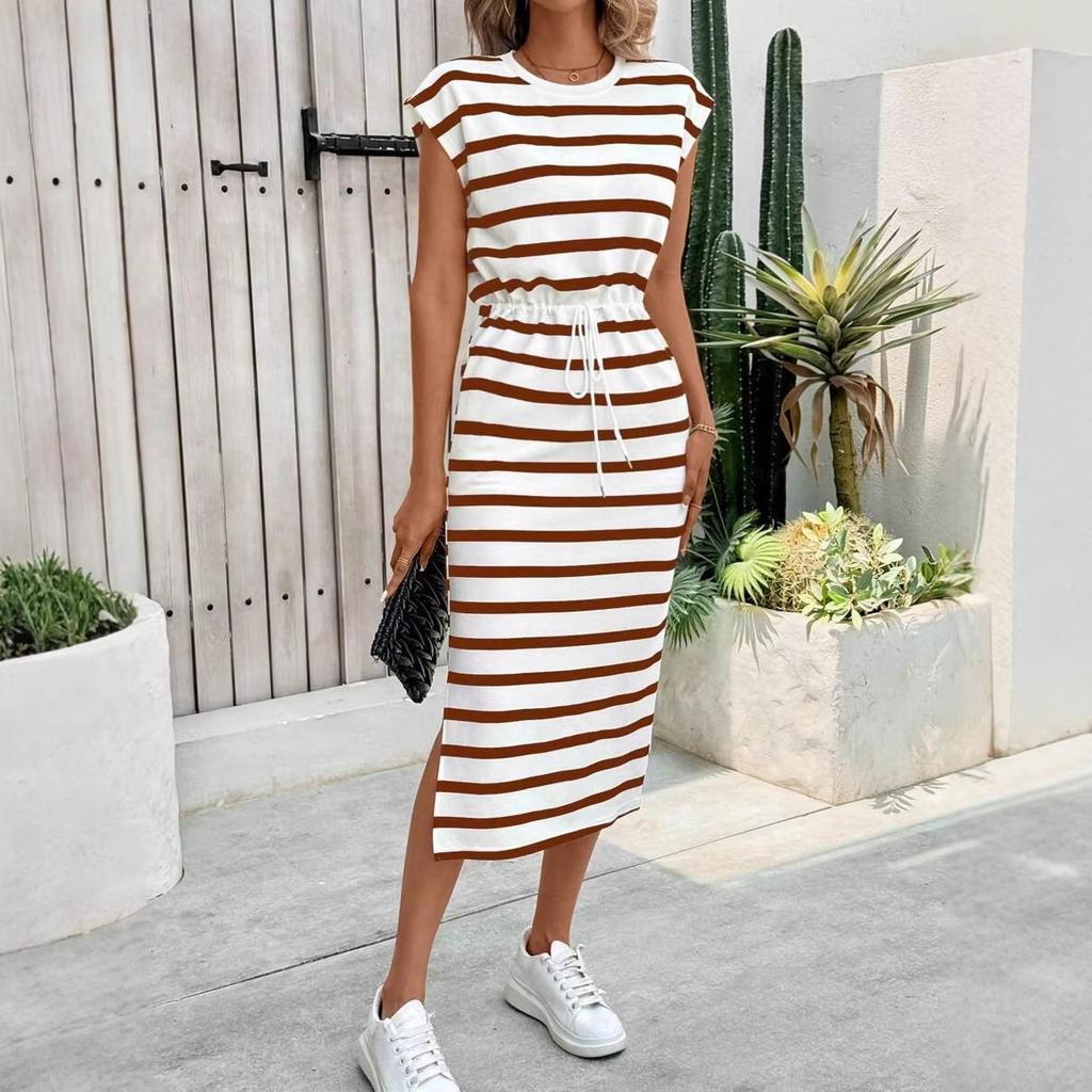 Women's Black and White Striped Slit Round Neck Casual Dress