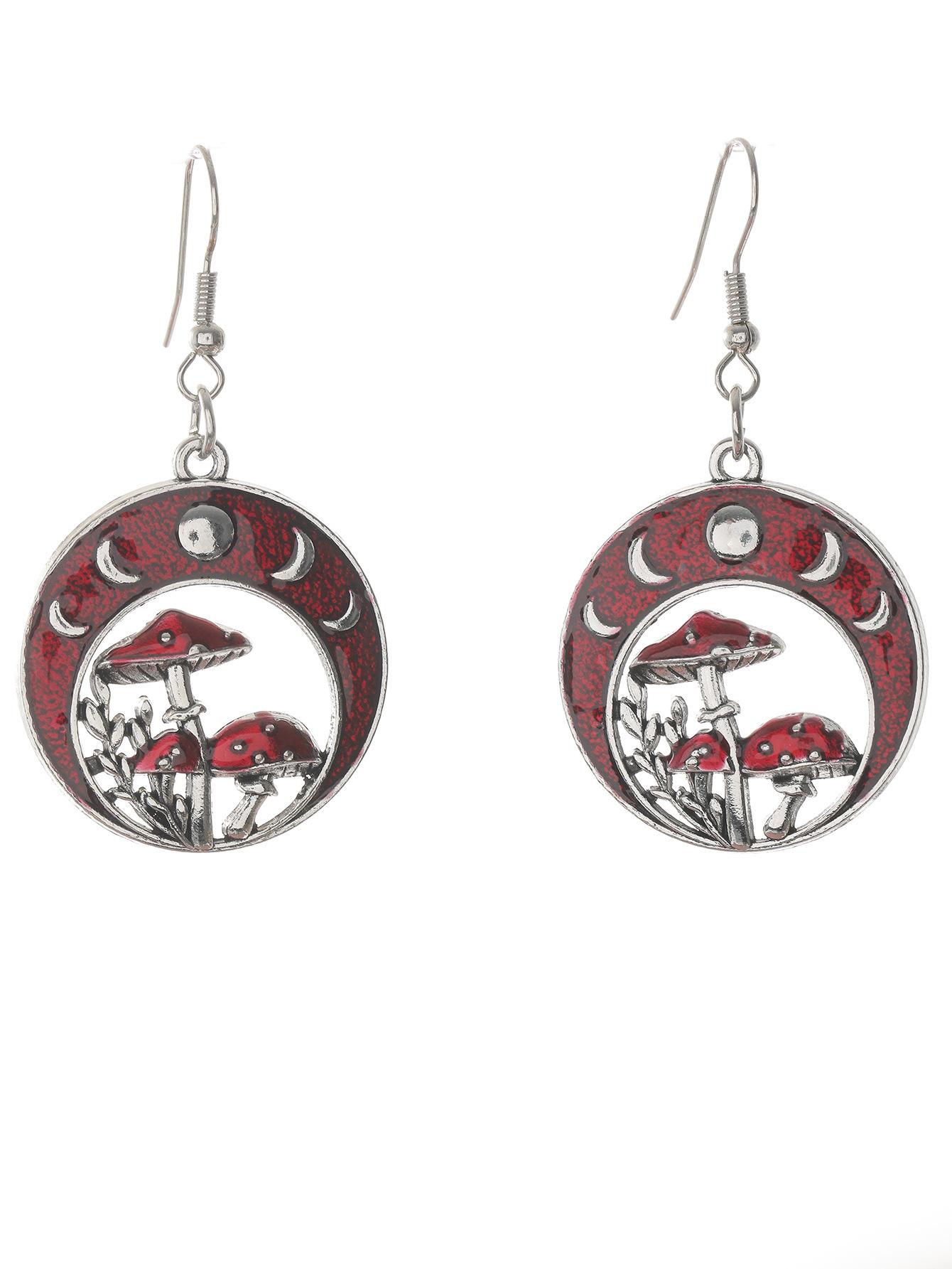 

Vintage Black Red Mushroom Circular Pendant Earrings For Women Gottppen Party Zircon Accessories
