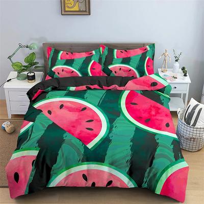 Kırmızı Karpuz Nevresim Karpuz Kabuğu Yaz Meyvesi Dilimleri Desenli Gençler Çocuklar Yeşil Polyester Yorgan Kılıfı Süslemeler