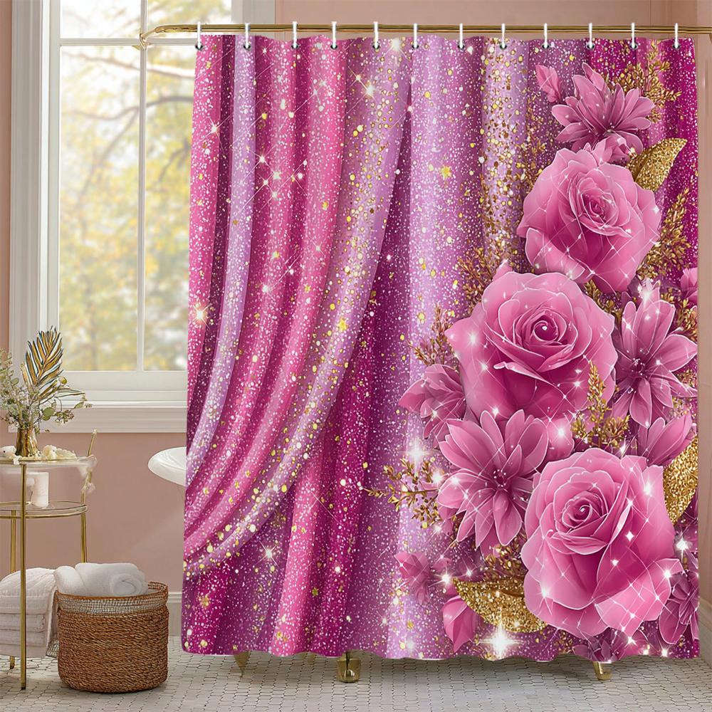 Shiny pink rose flowers Shower Curtain, Bathroom Decorative Shower Curtain, Printed Polyester fabric Shower Curtain with Hooks