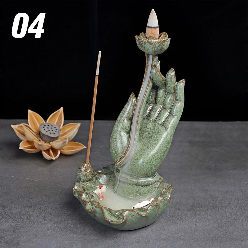 

Buddha Hand Lotus Backflow Incense Burner Zen Home Decor with Agave Insert Plate for Relaxation and Meditation зелёный