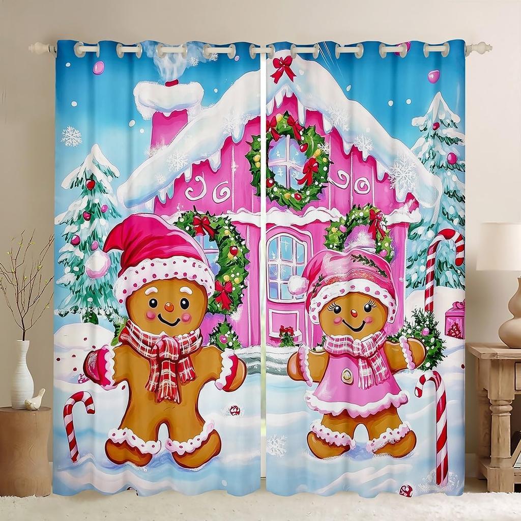 Christmas Gingerbread House Curtain Drapes Xmas Snowflake Window Curtains Kawaii Man Pattern Room Darkening Made Of Polyester