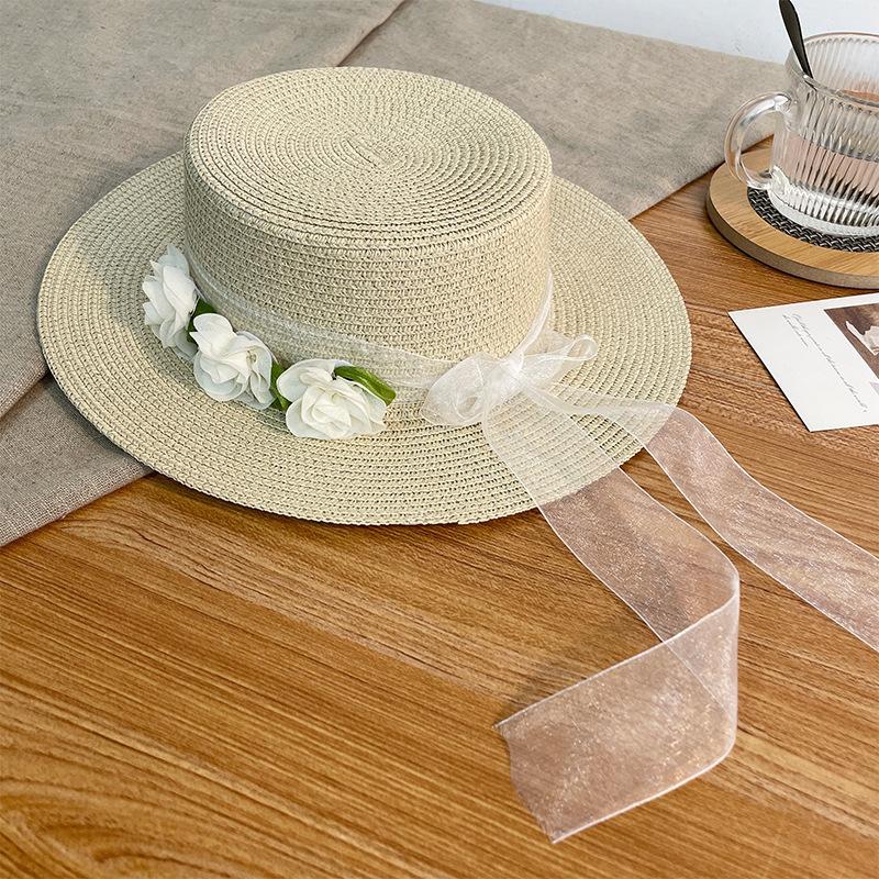 Women's Spring and Summer French Style Bowknot Floral Straw Hat Beach Sun Protection Hat UV Protection Sun Hat Fashionable Headwear