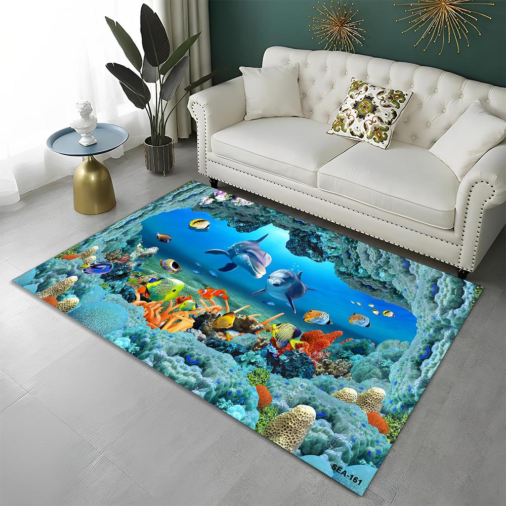 3D Seabed Illusion Underwater World Carpet Rug for Home Living Room Bedroom Sofa Doormat Decor,kids Area Rug Non-slip Floor Mat