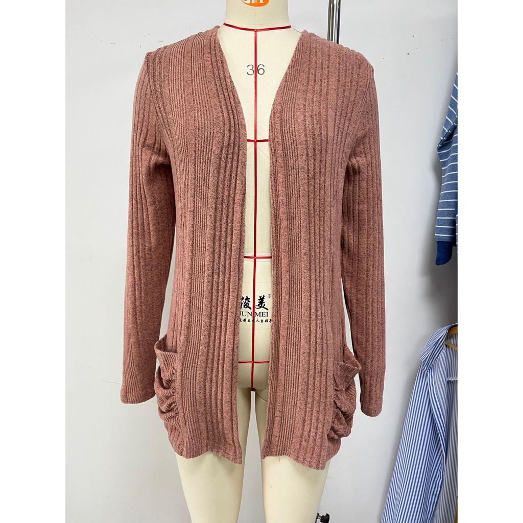 Fall Winter Women's Solid Color Ribbed Brushed Pocket Cardigan Long Sleeve Jacket, Leisure Foreign Trade for Europe America