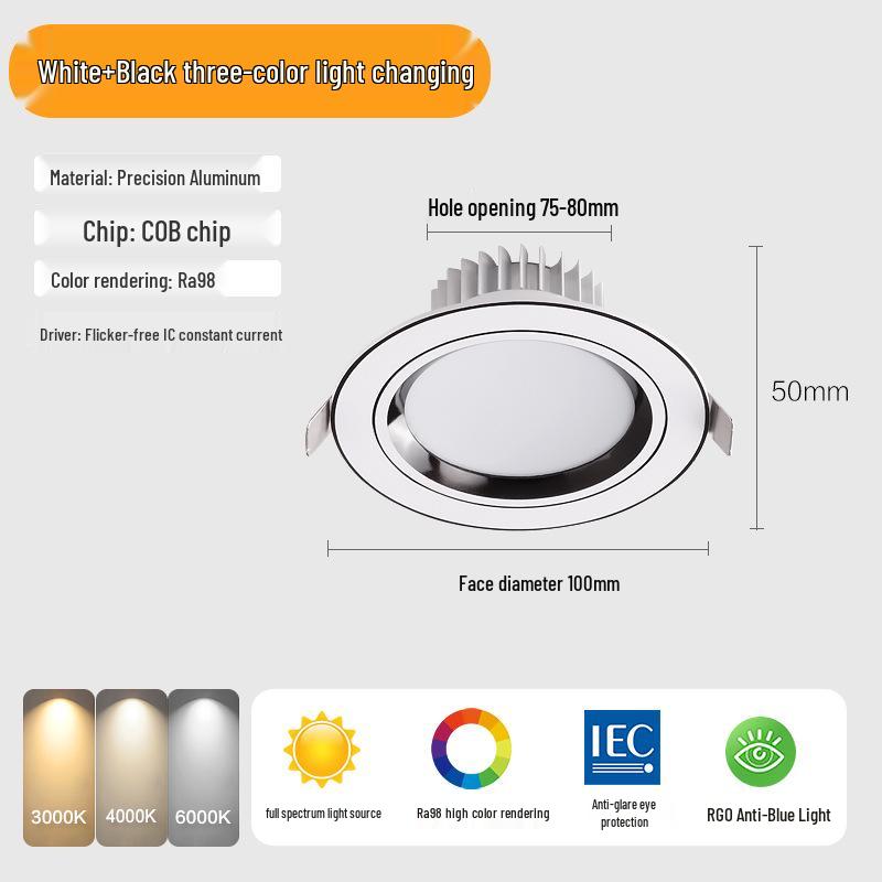 Three-Color Downlight Recessed Ceiling Spotlight for Living Room