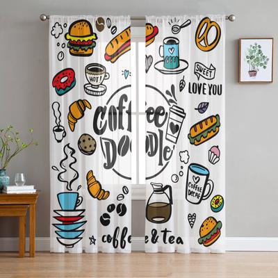 Niedlicher Kritzel-Kaffeehaus-Kaffee-Tee-Scherenvorhang für Schlafzimmer, Wohnzimmer, Küche, Fenster, Voile-Tüllvorhang