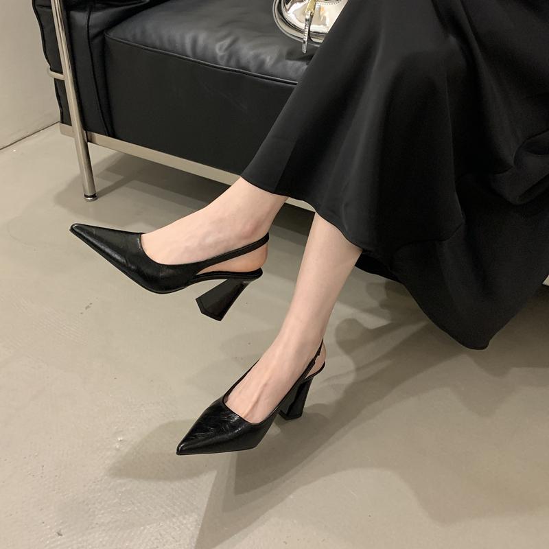 French Style Dress with Pointed High-heeled Sandals, Women's Coarse Single Shoes, Back Empty Toe Sandals, 2025 Summer New Style