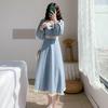 Women's French Retro Square Neck Blue Bellflower Dress - Autumn/Winter 2020 Slimming Fairy Style