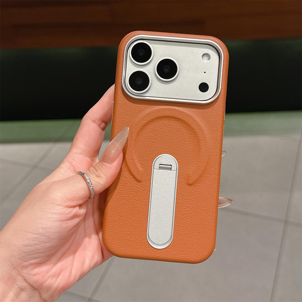 Stand Holder Magnetic Leather Phone Case for IPhone 17 16 15 14 13 17Pro Max for Magsafe Wireless Charge Shockproof Cover
