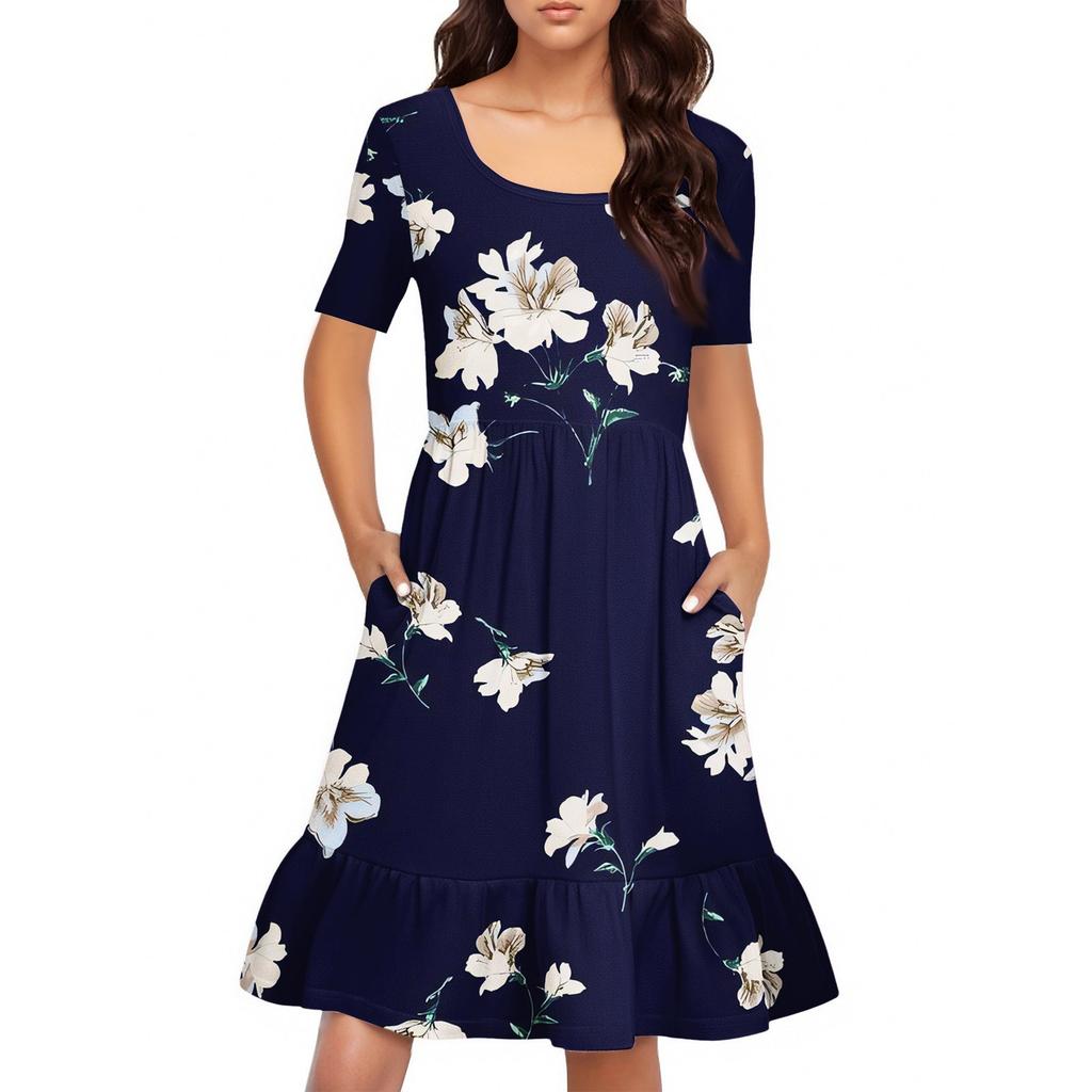 Women's Casual Round Neck Short Sleeved Dress Loose Waist Pleated Dress Waist Pleated Dress