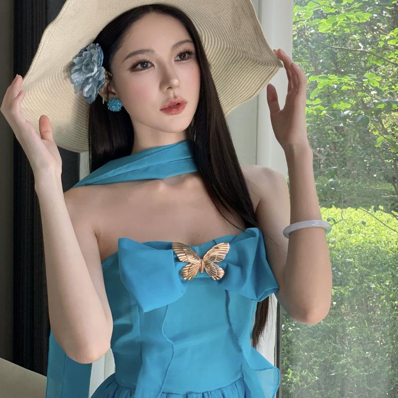 Metal Three-dimensional Bow Tube Top Neck Skirt Atmosphere Blue Irregular Ruffle Edge Vacation Photo Beach Skirt