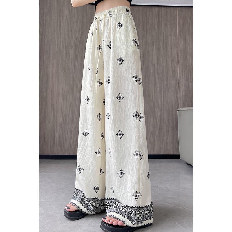 Summer Women Vintage Print Cotton And Linen Thin High Waist Wide Leg Pant Trouser For Girl