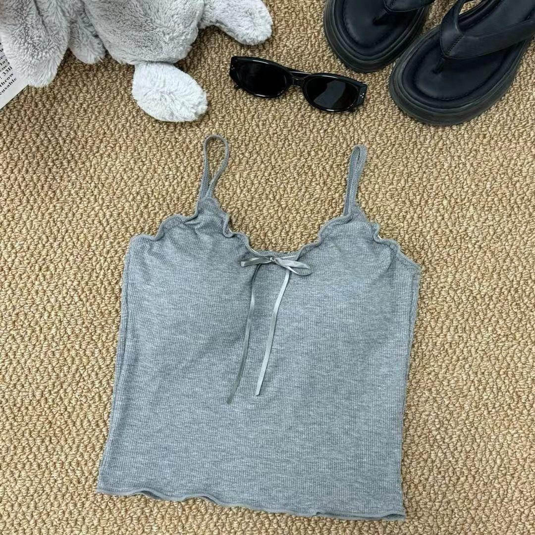

Gray Bowknot Hot Girl Camisole Vest for Women with Chest Pad Summer Ribbed Slim Fit Short Top L