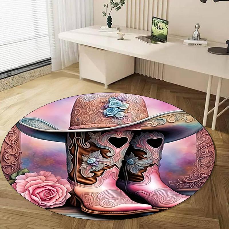 Cowgirl Boots Hat Circular Rug Office Decorative Carpet For Living Room Bedroom Door Mat Floor Carpet Computer Chair Area Rug