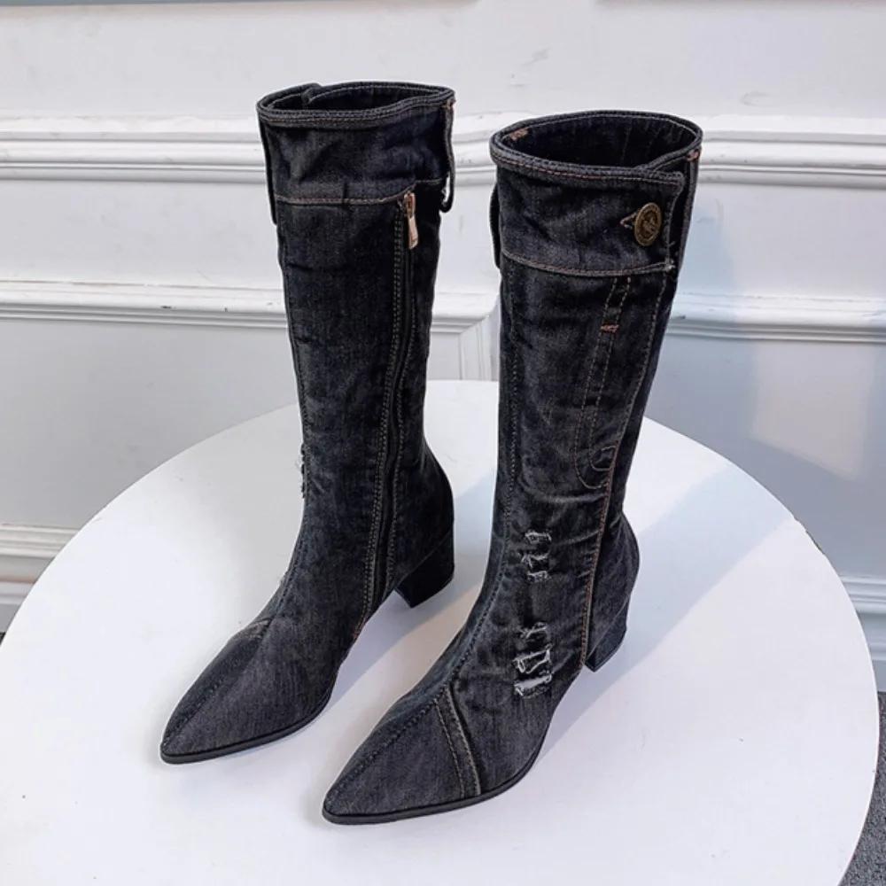 Botas de Mujer Nuevas Botas Denim Hasta la Rodilla con Tacón Grueso y Cremallera Lateral Puntiaguda Botines Denim Zapatos de Mujer Tacones Altos