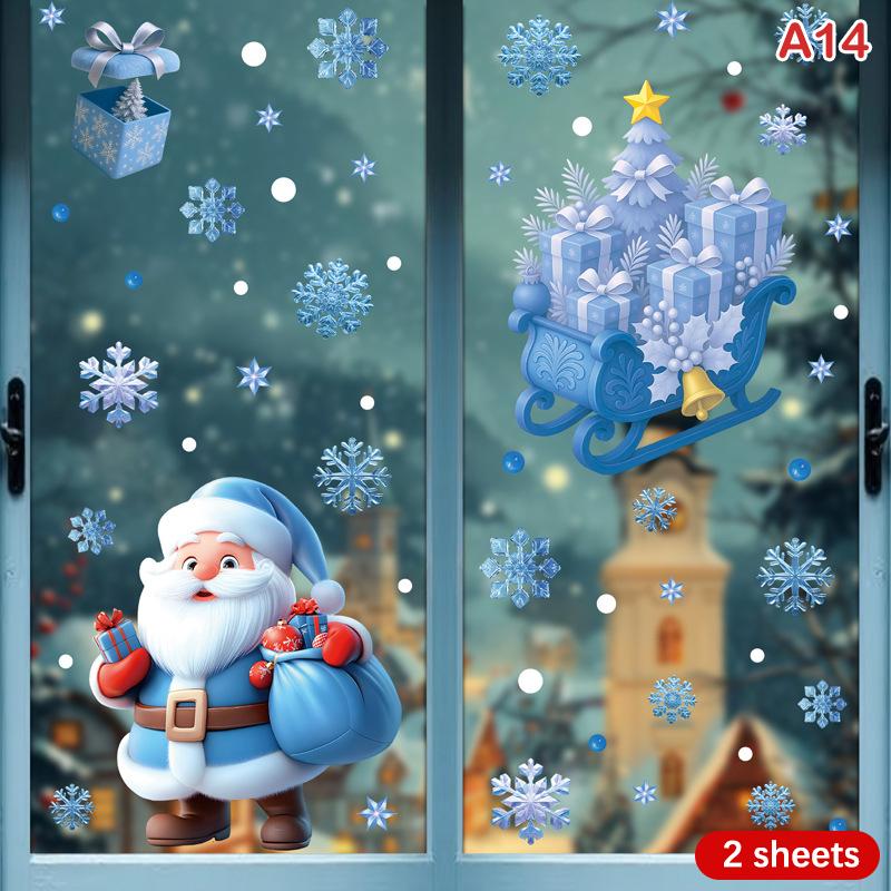 Christmas Blue Snowman Window Stickers Santa Claus Bird Snowflake Elk Ornaments Merry Christmas 2025 Happy New Year 2026