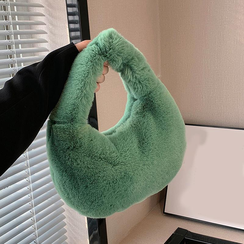 Pelz Damen Kleine Halbmondtasche Luxuriöse Warme Plüsch Handgelenktaschen für Damen Mode Pelzige Kurzer Griff Clutch Niedliche Damen Münzbörsen KTB