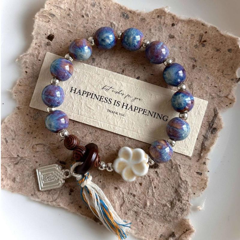 Boho Keramik Perlen Armband für Damen Zartrosa Rund mit Marmor Quadratischen Perlen, Elastisches Dehnbares Design für den Alltag & Geschenk