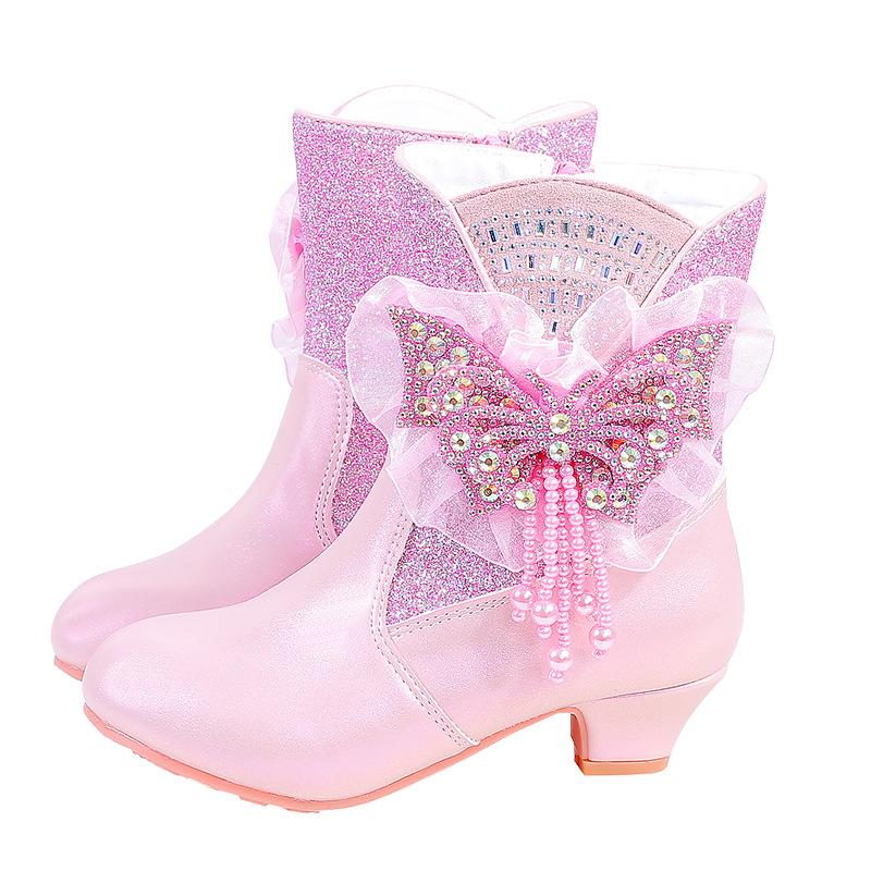 Girls Princess Boots High Heel Bowknot Plush Warm Children's Mid-calf Boots