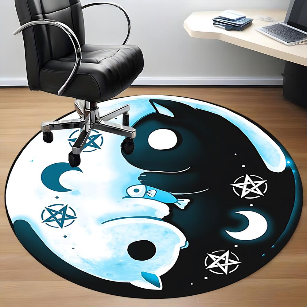 1PC Yin Yang, Moon Cat Office Round Rug, Non Slip, Soft and Durable Office Rug for Interior Decoration, Perfect for Office