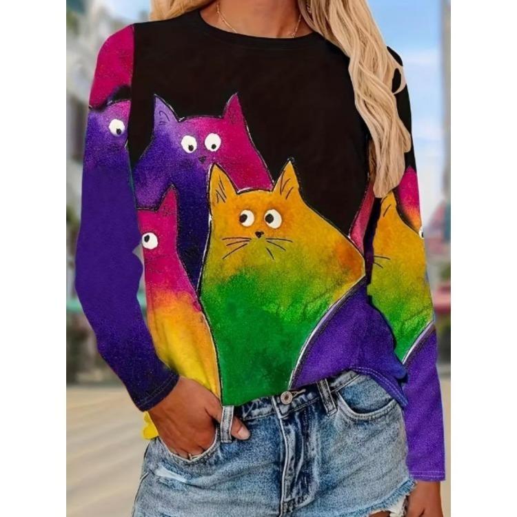 3D Floral Printed Long Sleeve T Shirt Women Fashion Round Neck Top Holiday Weekend