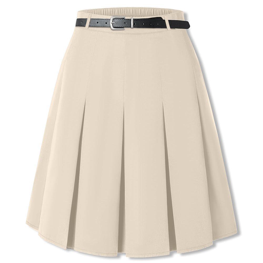 US Plus Size Women's Elegant Knee-Length Pleated Midi Skirt with Belt