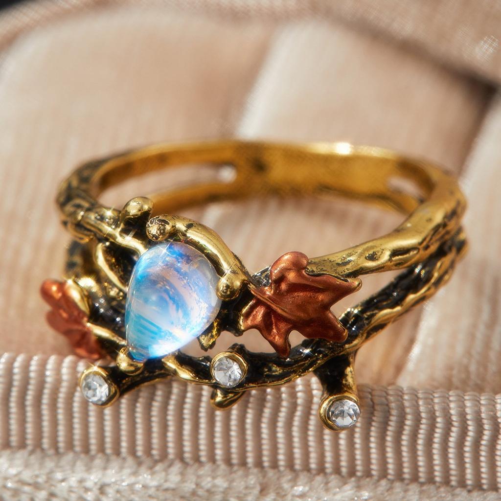 Vintage Maple Leaf Branch Double Layer Ring, Light White Gemstone Jewelry for Women Men Holiday Party