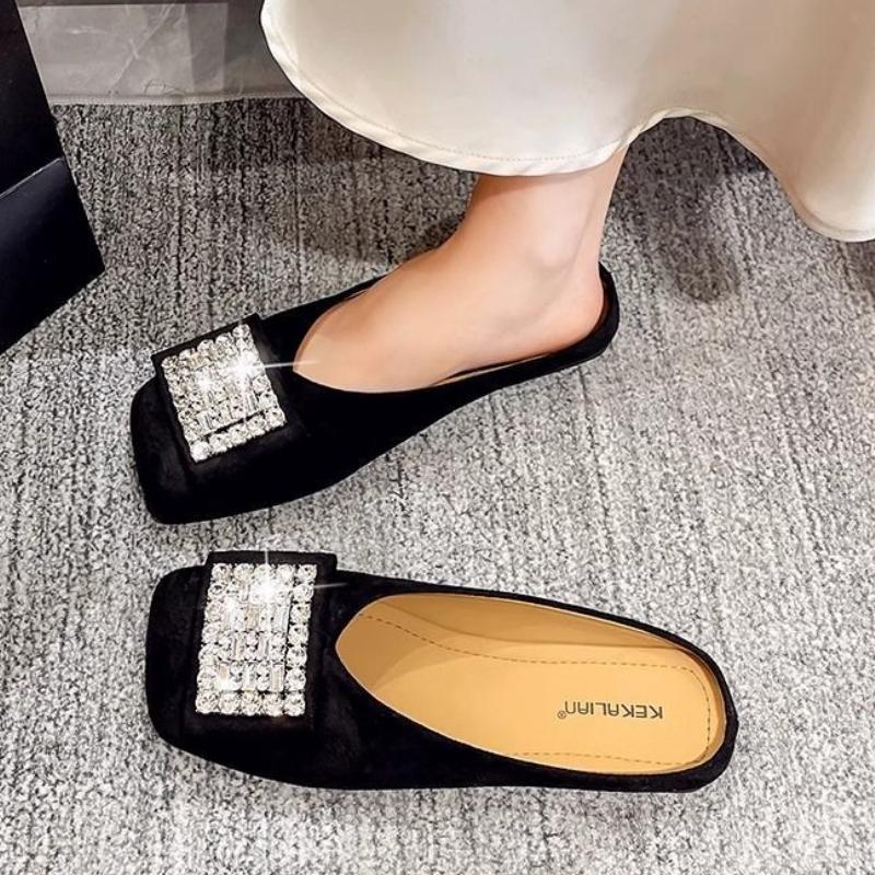 Fashion Rhinestone Square Toe Flat Women's Slippers and Ladies Sandals New Fashion Slides On Sale Chic Elegant Low Price Shoes Promotion