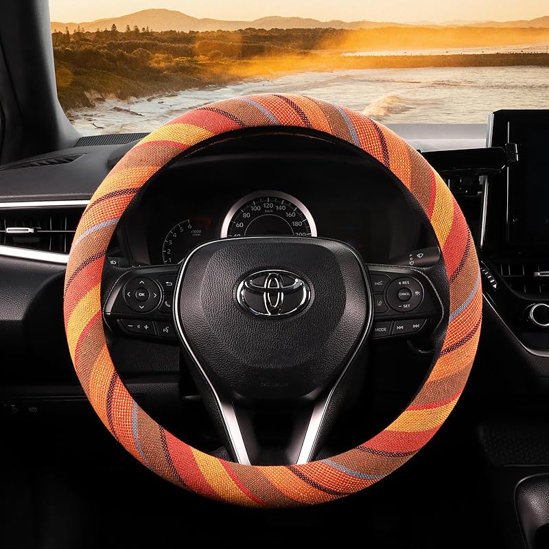 SEG Direct Boho Steering Wheel Cover With Baja Blanket Cloth, Ethnic Style Auto Wheel Cover Made Of Coarse Flax, Fits 14 1/2-15 1/4 Inches Car Wheel