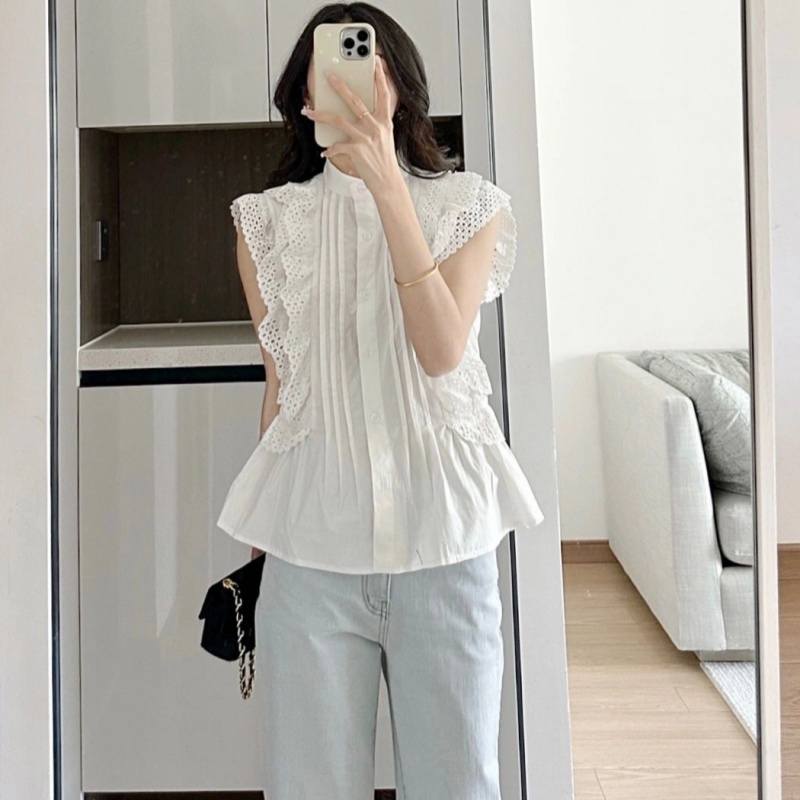 Women Summer Design Sleeveless Shirts Ruffled Lace Blouse Ladies Elegant Casual Sweet Tops