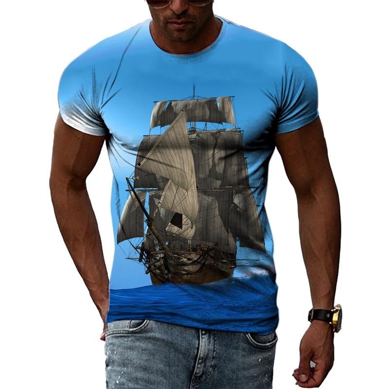 Sommer Segelboot Auf Meer Grafik T Shirts Männer Mode Lässig Persönlichkeit 3D Gedruckt Rundhals Kurzarm Streetwear T-shirts Tops