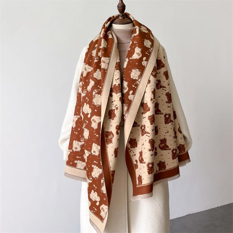 Cat Print Winter Warm Cashmere Scarf for Women Luxury Thick Blanket Shawl Wraps Pashmina Neckerchief Lady Poncho Echarpe