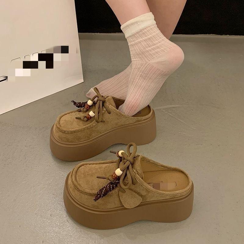 Thick-soled heightening kangaroo bag head half slippers women's new autumn wear a pedal Boken single shoes