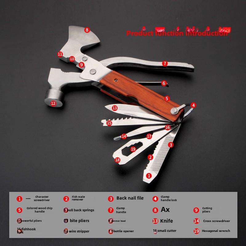 Multifunctional Safety Hammer with Wooden Handle: Car Window Breaker, Stainless Steel Axe, and Claw Hammer