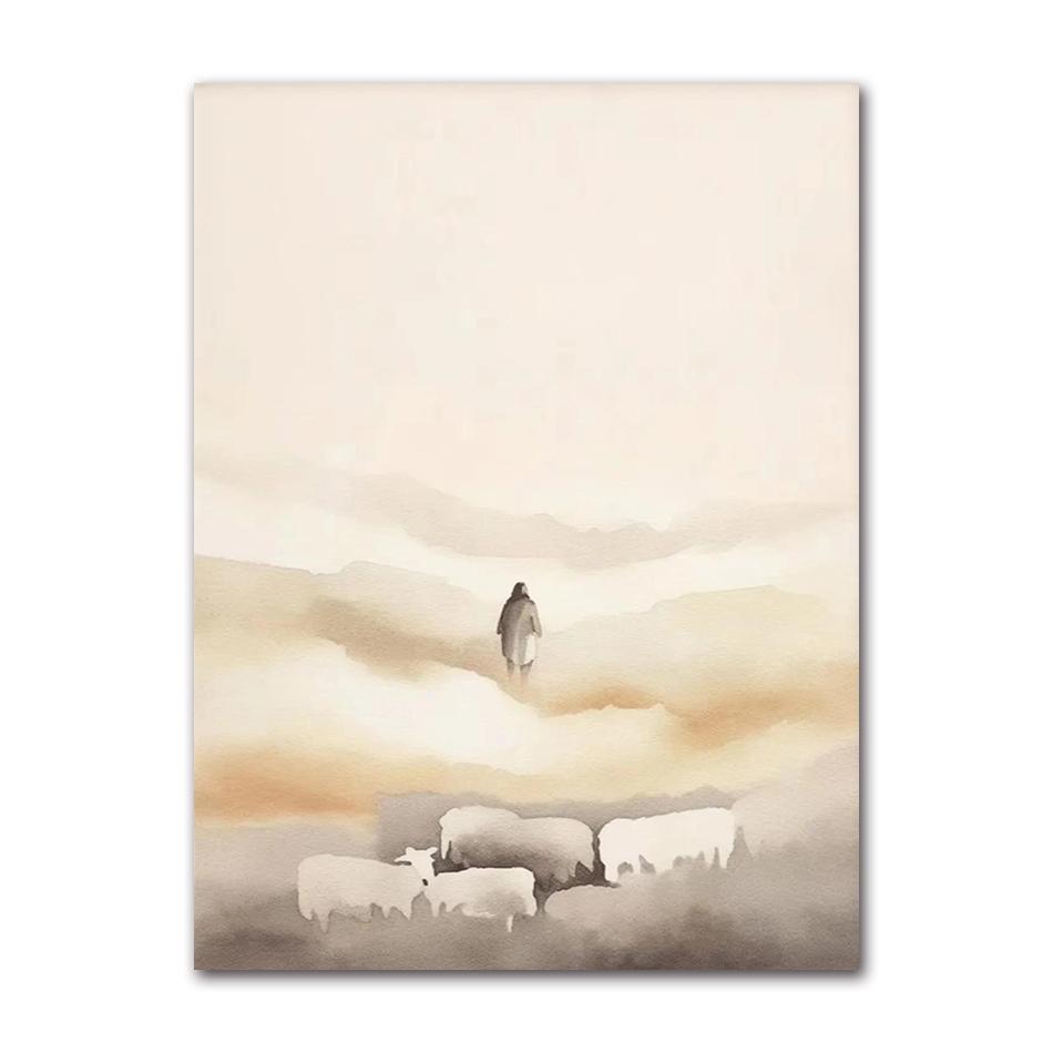 Sheep Kids Back Shadow Poster Print Canvas Printing Wall Art Picture for Living Room Nursery De Watercolor Christianity Jesus